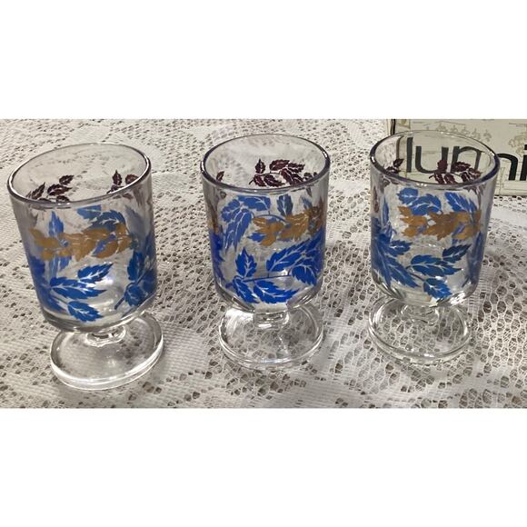 MCM Luminarc France Blue Gold Leaves Decanter 6 Footed Liqueur Aperitif Glasses - Picture 6 of 9